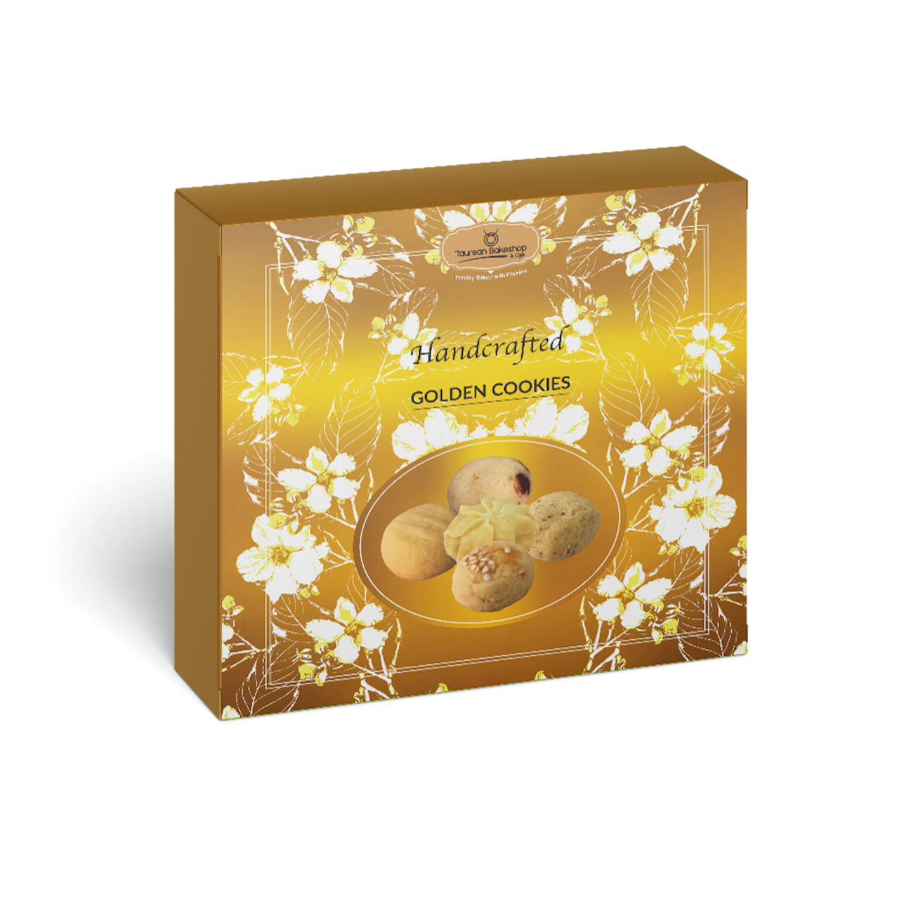 Golden Cookies, 32 pieces, packed in our decorated cookies box in packs of 4.