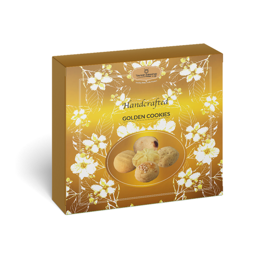 Golden Cookies, 32 pieces, packed in our decorated cookies box in packs of 4.